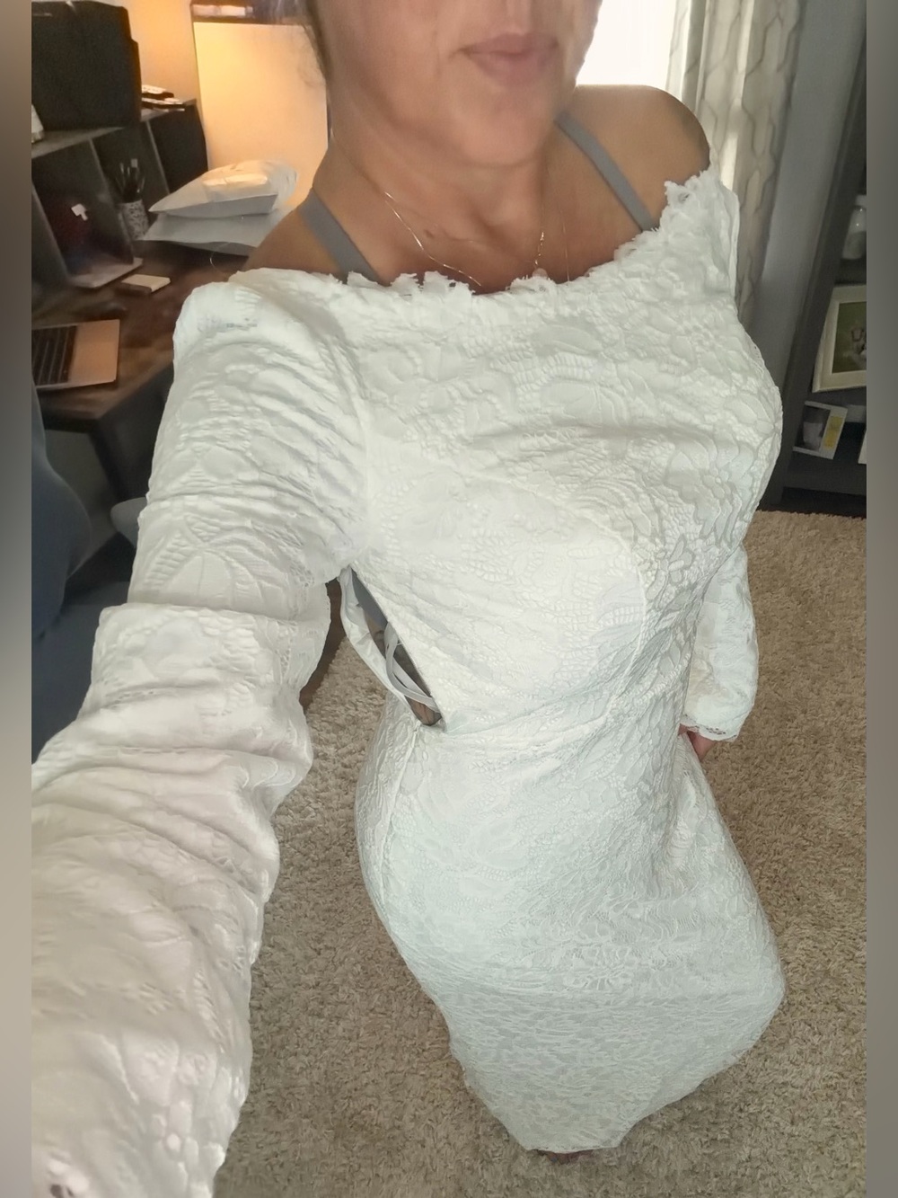 Ivory Lace Long Sleeve Boho Summer Wedding Dress A-Line Boat Neck